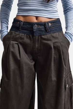 Kadın Acı Kahve Süper Palazzo Kot Kemer Detaylı Kargo Cep Özel Tasarım Denim Jean