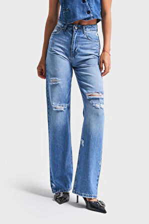 Kadın Mavi Renk 10s5-4 Straight Fit Yırtık Lazer Detaylı %100 Koton Yüksek Bel Denim Jean