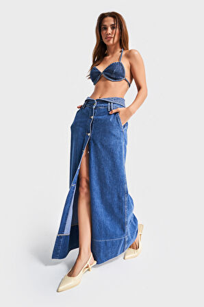 Kadın Mavi Renk 1s5-5 Maxi Boy Önü Düğmeli Kemer Detaylı %100 Koton Tasarım Denim Etek