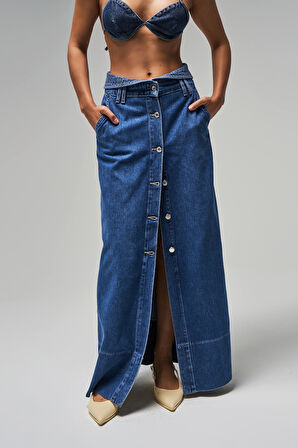 Kadın Mavi Renk 1s5-5 Maxi Boy Önü Düğmeli Kemer Detaylı %100 Koton Tasarım Denim Etek