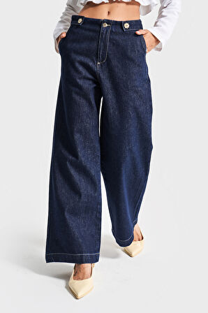 Kadın İndigo Renk 7s5-50 Culotte Fit Bol Kesim Viskon Koton Kumaş İç Boy 68cm Denim Jean