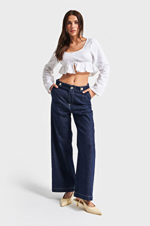 Kadın İndigo Renk 7s5-50 Culotte Fit Bol Kesim Viskon Koton Kumaş İç Boy 68cm Denim Jean