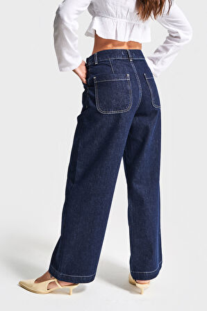 Kadın İndigo Renk 7s5-50 Culotte Fit Bol Kesim Viskon Koton Kumaş İç Boy 68cm Denim Jean