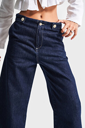 Kadın İndigo Renk 7s5-50 Culotte Fit Bol Kesim Viskon Koton Kumaş İç Boy 68cm Denim Jean