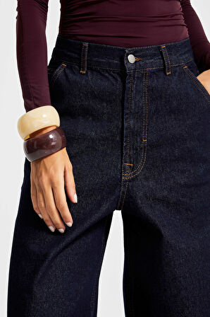 Kadın İndigo Renk 7W5-50 Skater Fit %100 Koton Bol Kesim İç Boy 80cm Denim Jean