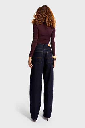 Kadın İndigo Renk 7W5-50 Skater Fit %100 Koton Bol Kesim İç Boy 80cm Denim Jean