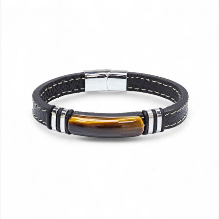  FM Kaplangözü Taş & Deri Kordonlu Titanyum Çelik Erkek Bileklik 31832B1D1 