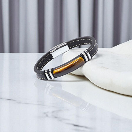  FM Kaplangözü Taş & Deri Kordonlu Titanyum Çelik Erkek Bileklik 31832B1D1 