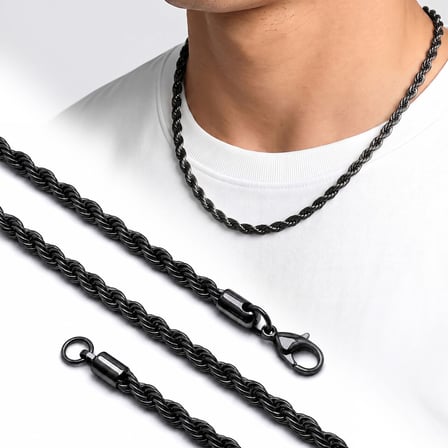 💎 Premium Parlak ve Şık Rope Halat Erkek 316L Çelik Kolye 6mm 55cm 3183ECK024 - Siyah Renk
