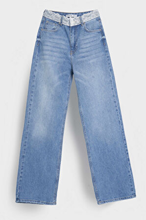 Kadın Mavi Renk D-2s5-3 Straight Fit Kemeri Dantel Detaylı Yüksek Bel %100 Koton Tasarım Denim Jean