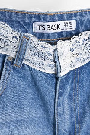 Kadın Mavi Renk D-2s5-3 Straight Fit Kemeri Dantel Detaylı Yüksek Bel %100 Koton Tasarım Denim Jean