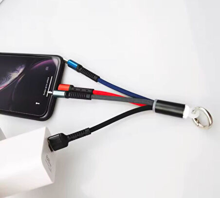 3 Başlıklı Kısa Işıklı Şarj data kablosu Powerbank kablosu 3 uclu anahtarlıklı tüm telefonlara uyumlu