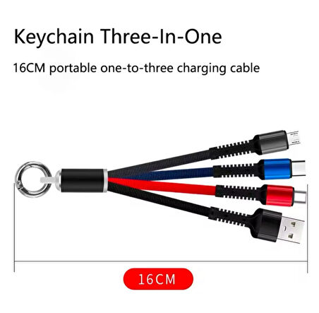 3 Başlıklı Kısa Işıklı Şarj data kablosu Powerbank kablosu 3 uclu anahtarlıklı tüm telefonlara uyumlu