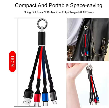 3 Başlıklı Kısa Işıklı Şarj data kablosu Powerbank kablosu 3 uclu anahtarlıklı tüm telefonlara uyumlu