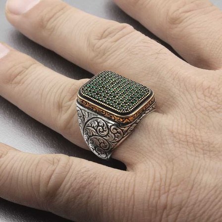 💎 Premium 925 Ayar İthal Gümüş Yeşil Zirkon Taşlı Kare Erkek Yüzük