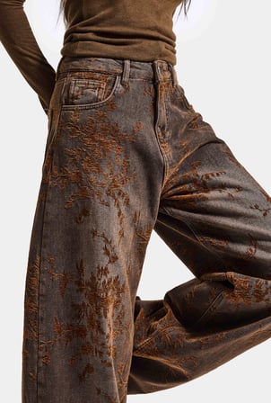 Kadın Ballon Barrel Özel Flok Kumaş Tasarım Denim Jean