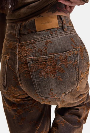 Kadın Ballon Barrel Özel Flok Kumaş Tasarım Denim Jean