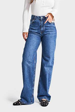 Kadın Mavi Renk Doris 2w5-5 Straight Fit Yüksek Bel %100 Koton İç Boy 80cm Denim Jean