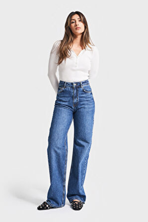 Kadın Mavi Renk Doris 2w5-5 Straight Fit Yüksek Bel %100 Koton İç Boy 80cm Denim Jean