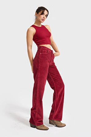Kadın Bordo Renk 26w5-35 Straight Fit Yüksek Bel Kalın Fitilli Velvet Kadife Kumaş Pantolon