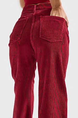 Kadın Bordo Renk 26w5-35 Straight Fit Yüksek Bel Kalın Fitilli Velvet Kadife Kumaş Pantolon