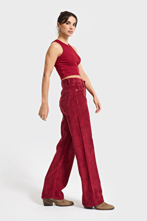 Kadın Bordo Renk 26w5-35 Straight Fit Yüksek Bel Kalın Fitilli Velvet Kadife Kumaş Pantolon