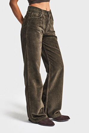 Kadın Haki Renk Doris 26w5-15 Straight Fit Yüksek Bel Kalın Fitilli Velvet Kadife Kumaş Pantolon