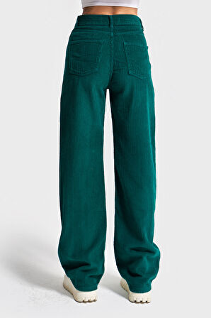 Kadın Petrol Yeşili Doris 29w5-118 Straight Fit Yüksek Bel Kalın Fitilli Velvet Kadife Kumaş Pantolon