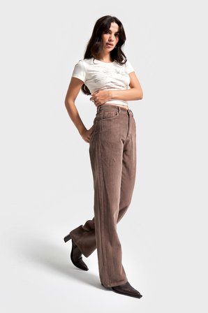Kadın Pastel Kahve Doris 29w5-140 Straight Fit Yüksek Bel Kalın Fitilli Velvet Kadife Kumaş Pantolon