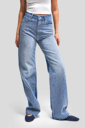Kadın Mavi Renk T3-2S5-4 Parlak Taşlı Straight Fit Yüksek Bel %100 Koton Tasarım Denim Jean