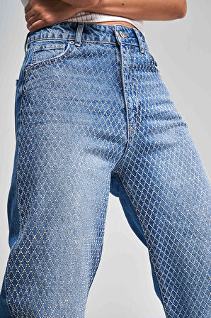 Kadın Mavi Renk T3-2S5-4 Parlak Taşlı Straight Fit Yüksek Bel %100 Koton Tasarım Denim Jean