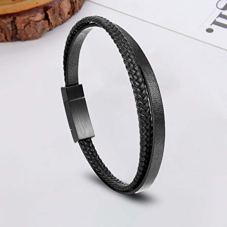   Siyah Deri Ve Saç Örgü İkili Çoklu Çelik Bileklik 31833B12D1 
