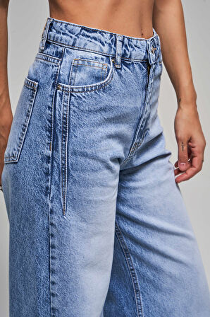 Kadın Kot Rengi 4S5-27 %100 Koton Straight Wide Leg Fit Denim Jean