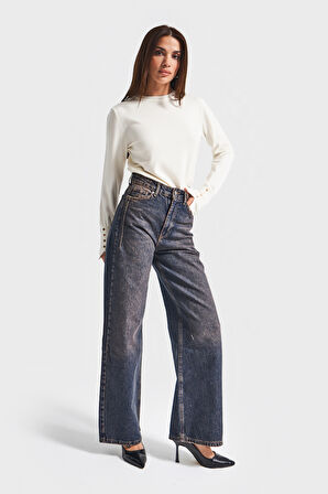Kadın Koyu Tint Renk Olea 2w5-10 Wide Leg Fit Yüksek Bel İç Boy 77cm %100 Koton Denim Jean
