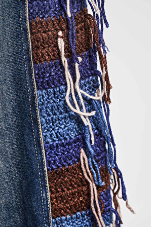 Kadın Kot rengi 2w5-8 Flare Palazzo Fit Etnik Örme Detaylı Viskon Kumaş Özel Tasarım Denim Jean