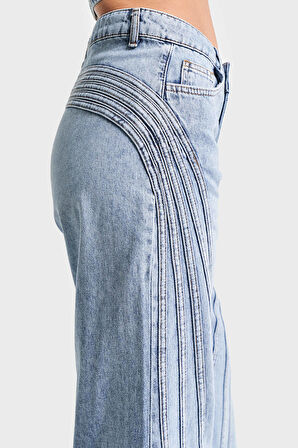 Kadın Kot Rengi Flare Fit Şerit Detaylı %100 Koton Özel Tasarım Denim Jean