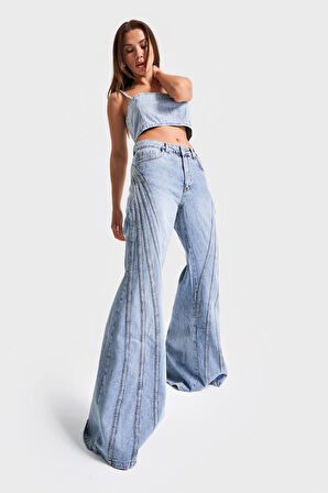 Kadın Kot Rengi Flare Fit Şerit Detaylı %100 Koton Özel Tasarım Denim Jean