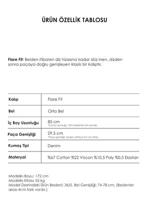 Kadın T.Kot Rengi 2w5-8 SLN05 Mide Rise Flare Fit Süper Esnek Kumaş İç Boy 83cm Denim Jean