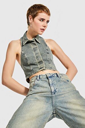 Kadın Kot Tint Rengi Önden Düğmeli Crop Denim Yelek