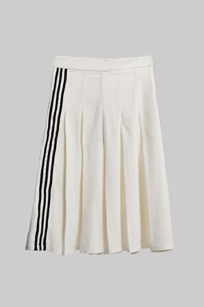 Kadın Ekru Renk Pileli Yandan Şerit Detaylı Kravatlı 2'li Kombin Özel Tasarım Kumaş Etek