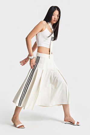 Kadın Ekru Renk Pileli Yandan Şerit Detaylı Kravatlı 2'li Kombin Özel Tasarım Kumaş Etek