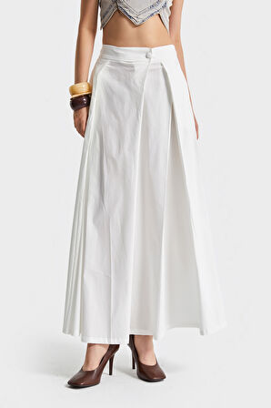 Kadın Ekru Renk Süper Palazzo Fit Özel Kumaş Pileli Tasarım Pantolon