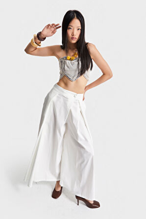 Kadın Ekru Renk Süper Palazzo Fit Özel Kumaş Pileli Tasarım Pantolon