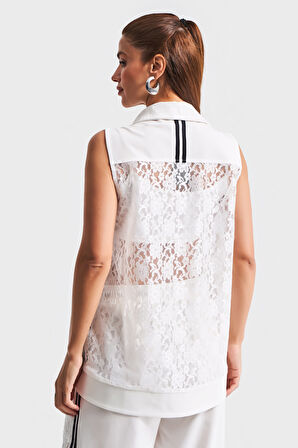 Kadın Ekru Renk Beyaz Dantel Detaylı Uzun Boy Sıfır Kol Tasarım Yelek