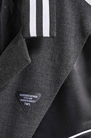 Kadın Antrasit Renk Saten Ve Dokuma Çift Parça Kumaş Özel Tasarım Ceket