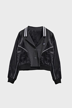 Kadın Antrasit Renk Saten Ve Dokuma Çift Parça Kumaş Özel Tasarım Ceket