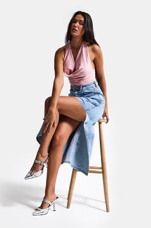 Kadın Kot Rengi 3s6-3 Maxi Yandan Yırtmaç Detaylı Tasarım Likralı Kumaş Denim Etek