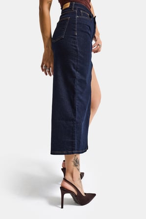 Kadın İndigo Selvedge 7s6-50 Maxi Yandan Yırtmaç Detaylı Tasarım Likralı Kumaş Denim Etek
