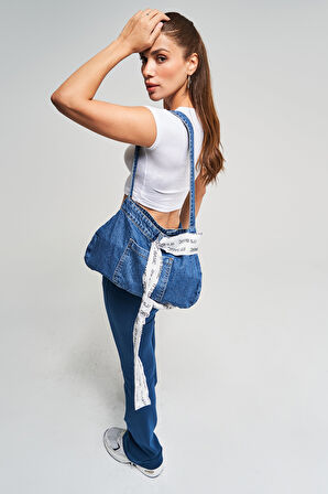 Mavi Renk 1w4-7 Cep Detaylı Fularlı Askılı Denim Çanta