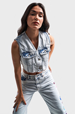 Kadın Snow Kot Rengi Önü Düğmeli Crop Denim Yelek